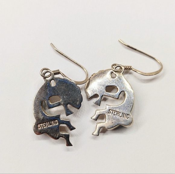 Vintage Zuni Kokapelli Turquoise Coral Onyx Dangle Earrings - Picture 2 of 4